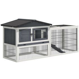PawHut 2 Levels Outdoor Rabbit Hutch with Openable Top, 59" Wooden Large Rabbit Cage with Run Weatherproof Roof, Removable Tray, Ramp, Pewter Gray