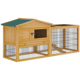 PawHut 2 Levels Outdoor Rabbit Hutch with Openable Top, 59" Wooden Large Rabbit Cage with Run Weatherproof Roof, Removable Tray, Ramp, Yellow
